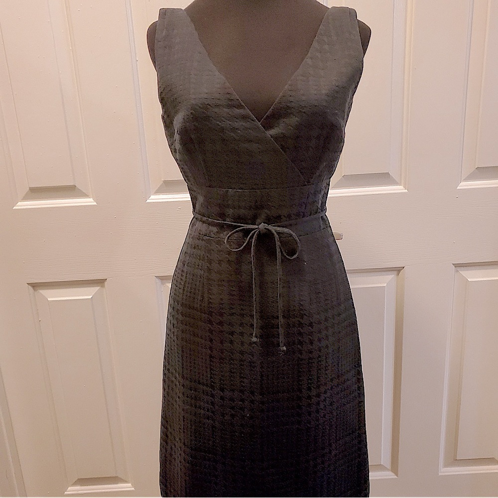 David Meister Sz 2 Dress Black Houndstooth Faux Wrap with Tie Waist